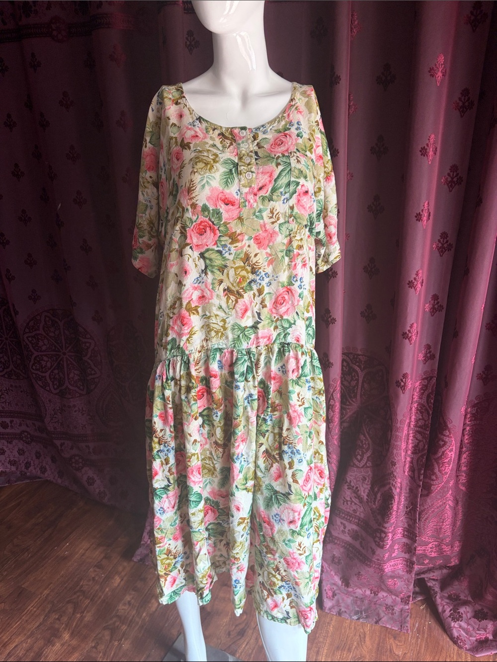 Vintage Floral Tiered Cotton Midi Dress Pink & Green Rose Print Size X-Large